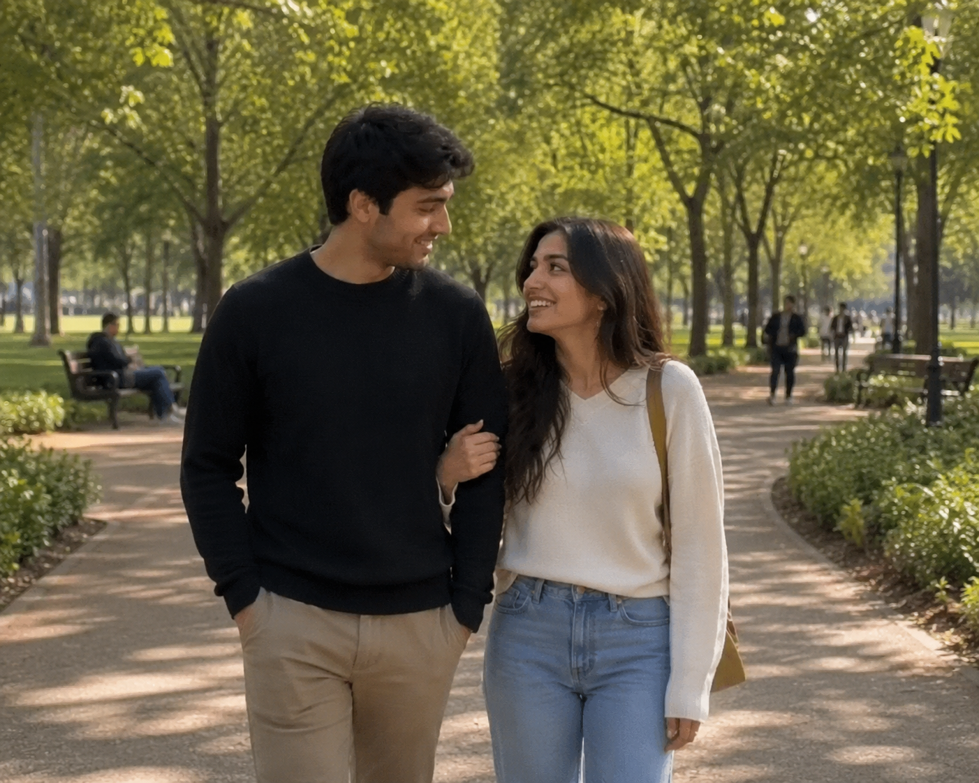 Couple walking together in a sunlit park