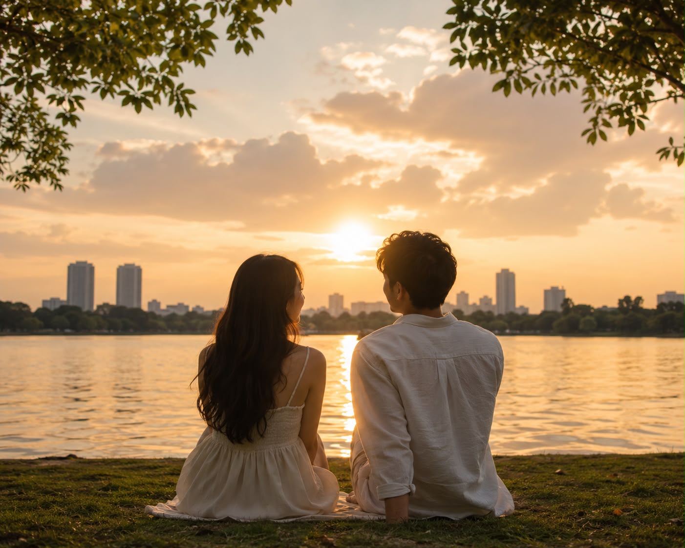 Couple watching the sunset together by the lake