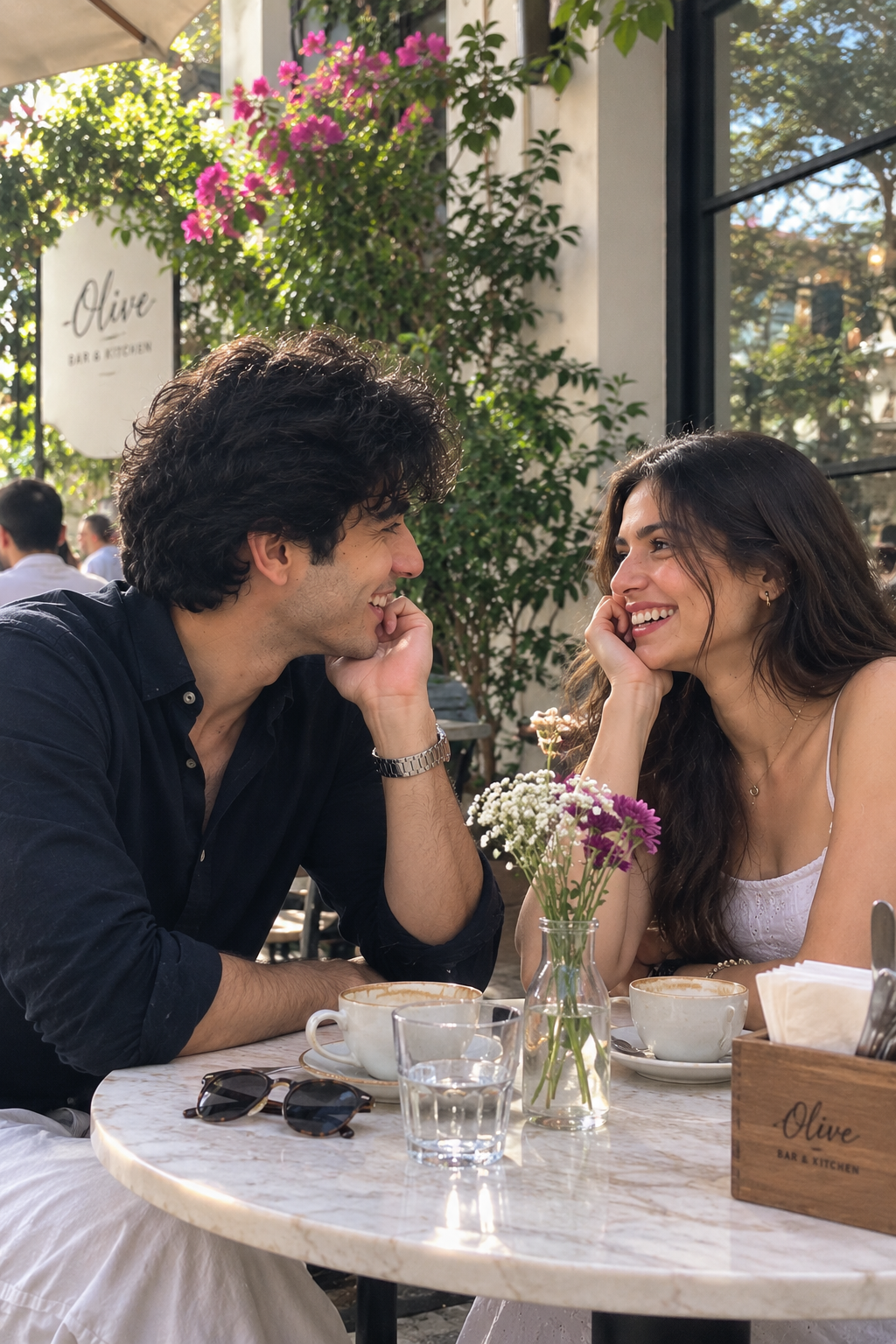 Couple laughing together over coffee on a first date