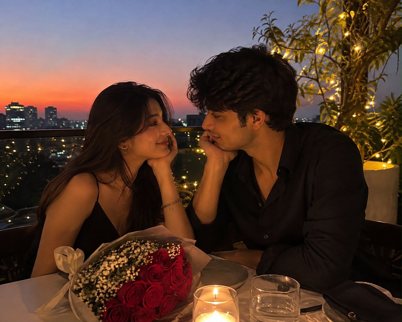 Couple sharing a candlelit rooftop dinner at sunset
